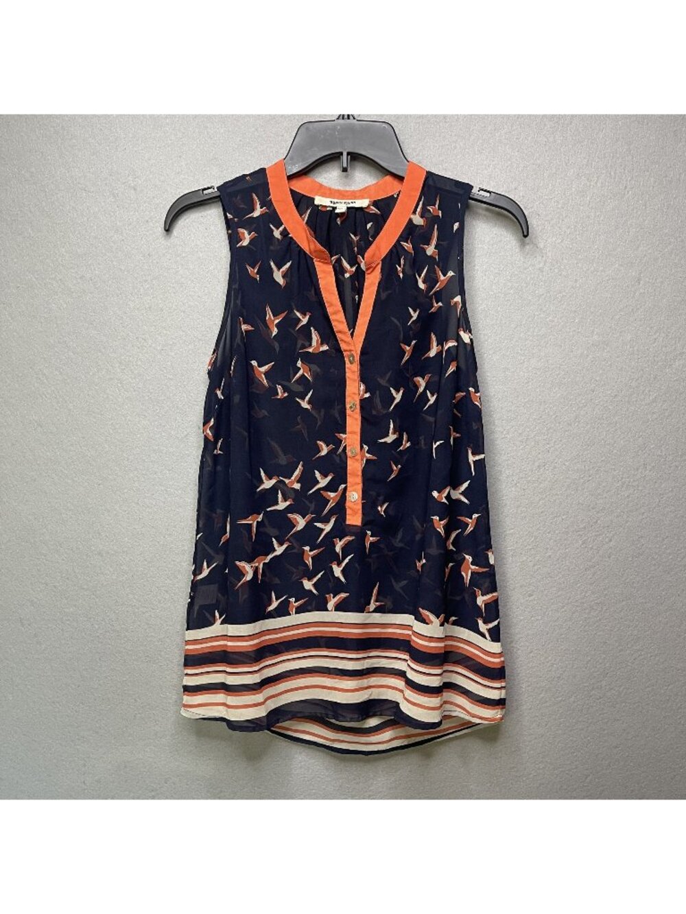 Daniel Rainn Navy Blue Sleeveless Chiffon Blouse With Bird Print Striped Hem XS